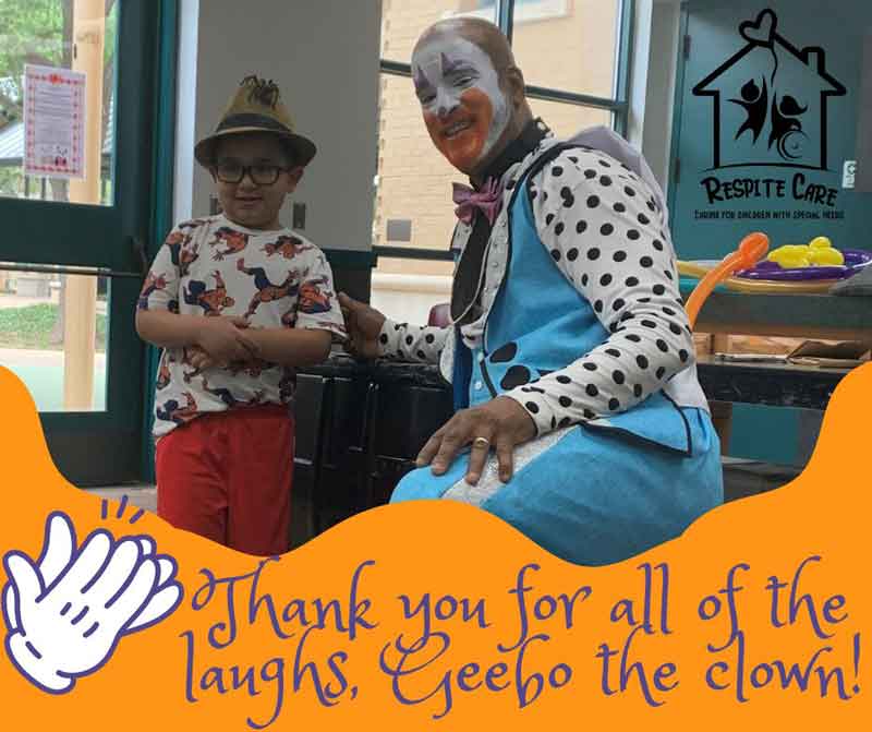 Geebo the Clown with child and words say Thank you for all the laughs